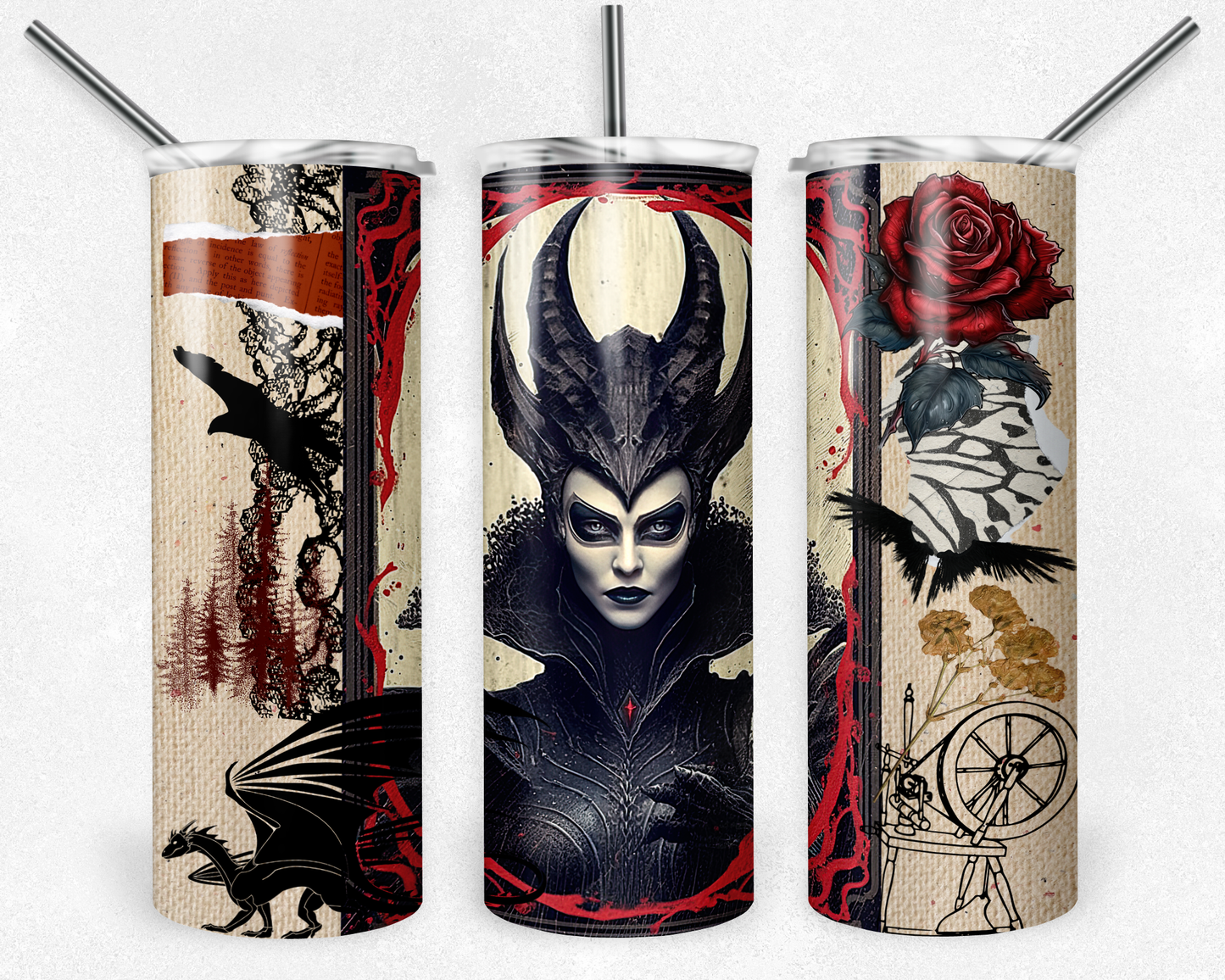 Evil fairy 20 oz. skinny tumbler. Image also includes dragon, crow, spin wheel, and a rose. - Mayan Sub Shop