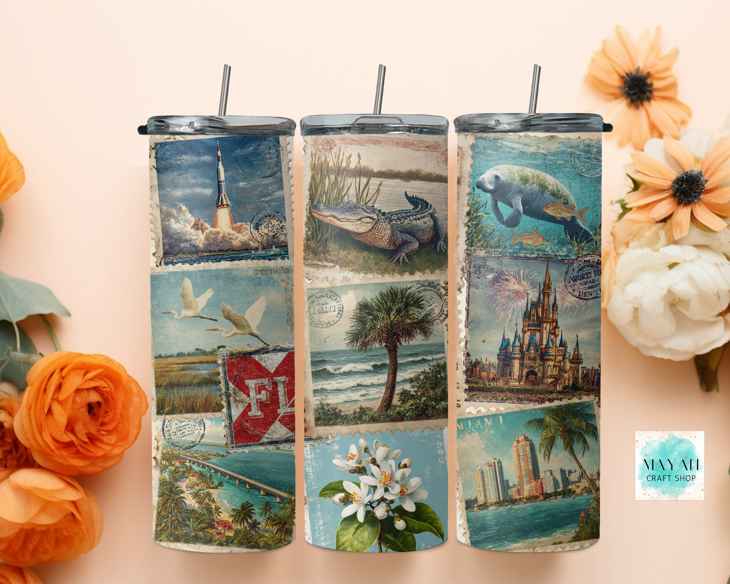 Three tumblers with Florida-themed designs on a decorative background with flowers.