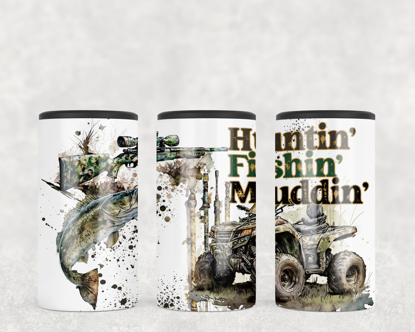 huntin' fishin' mudding 4-in-1 12 oz. slim can cooler. Design has a fish, rifle, fishing rod, and a 4x4.