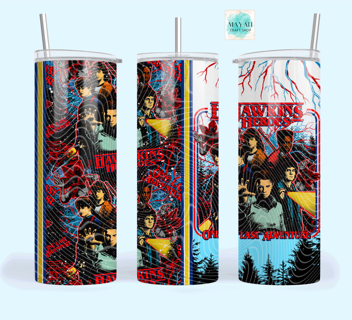 Three tumblers with 'Hawkins Heroes' design featuring characters and text.