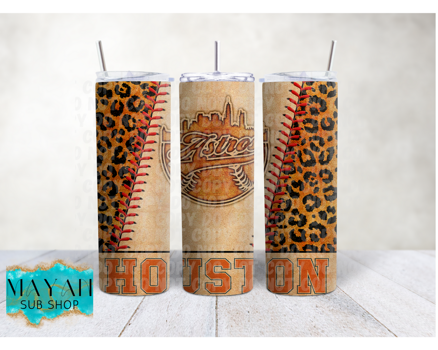 Houston leather baseball 20 oz. skinny tumbler. -Mayan Sub Shop