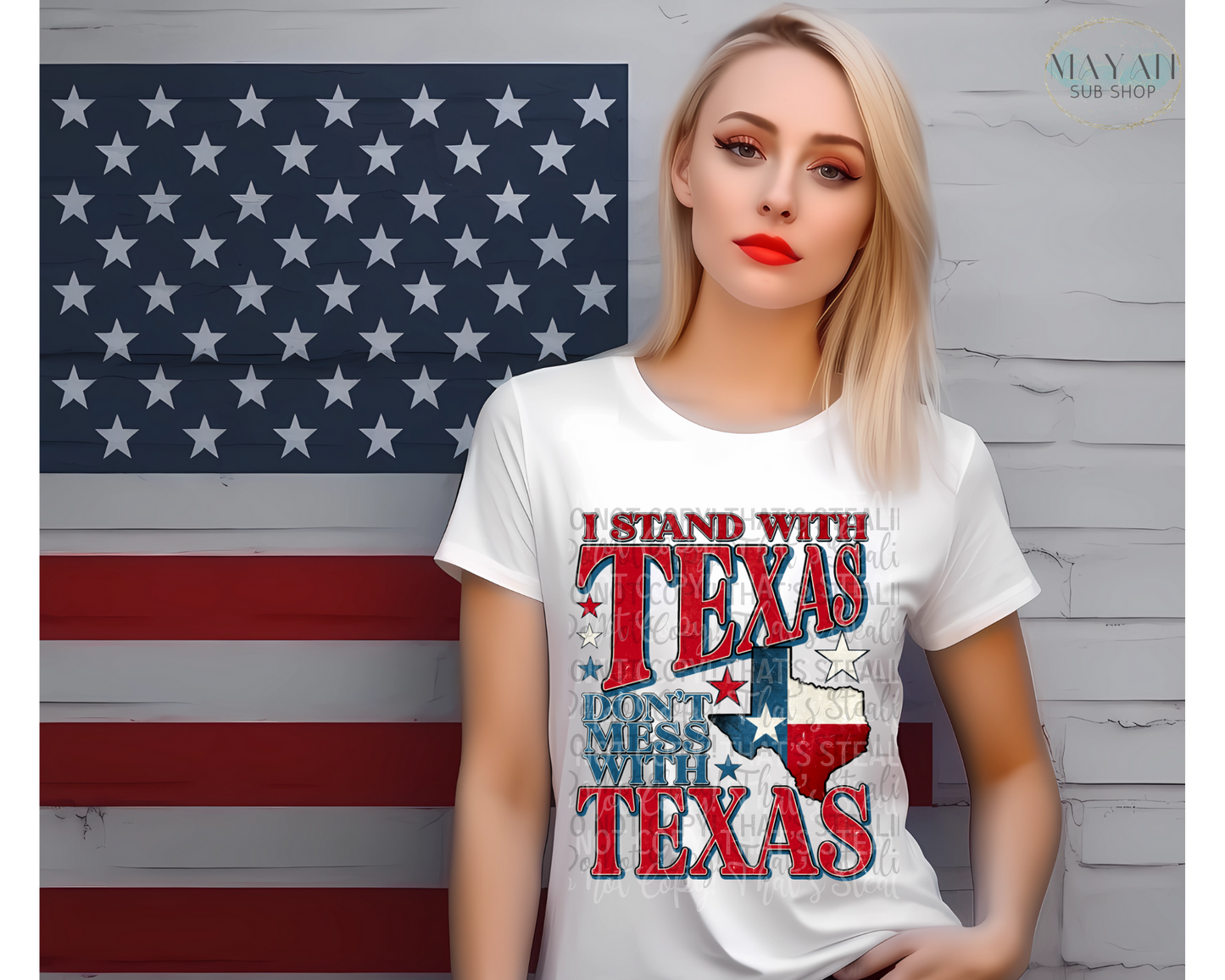 Stand with Texas shirt. -Mayan Sub Shop