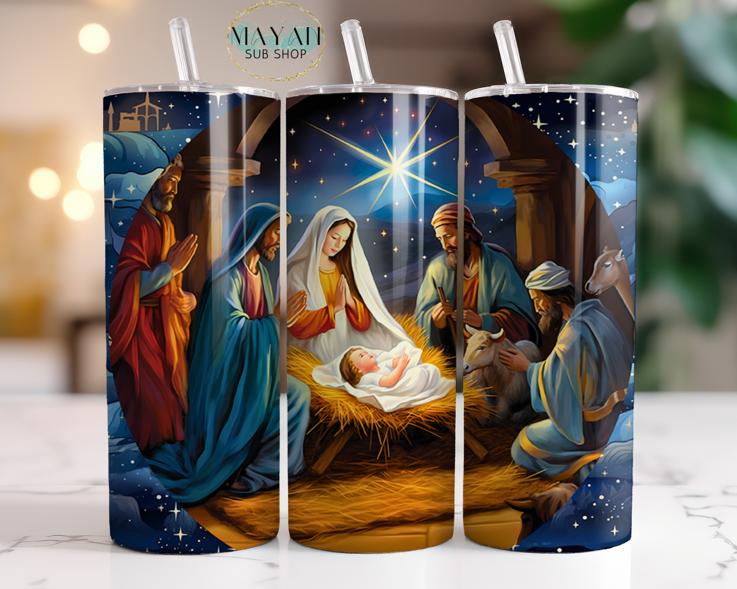 Nativity 20 oz. skinny tumbler. -Mayan Sub Shop