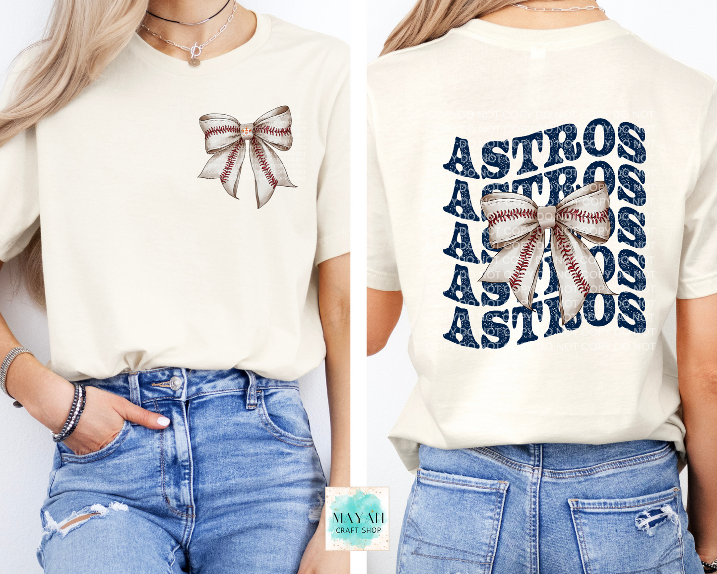 Houston baseball bow heather natural shirt. -Mayan Craft Shop