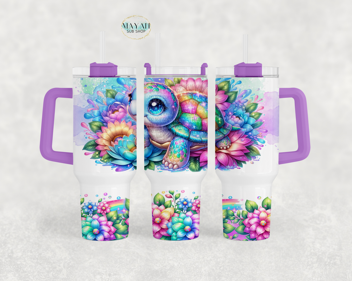 Pastel turtle 40 oz. tumbler with handle. -Mayan Sub Shop