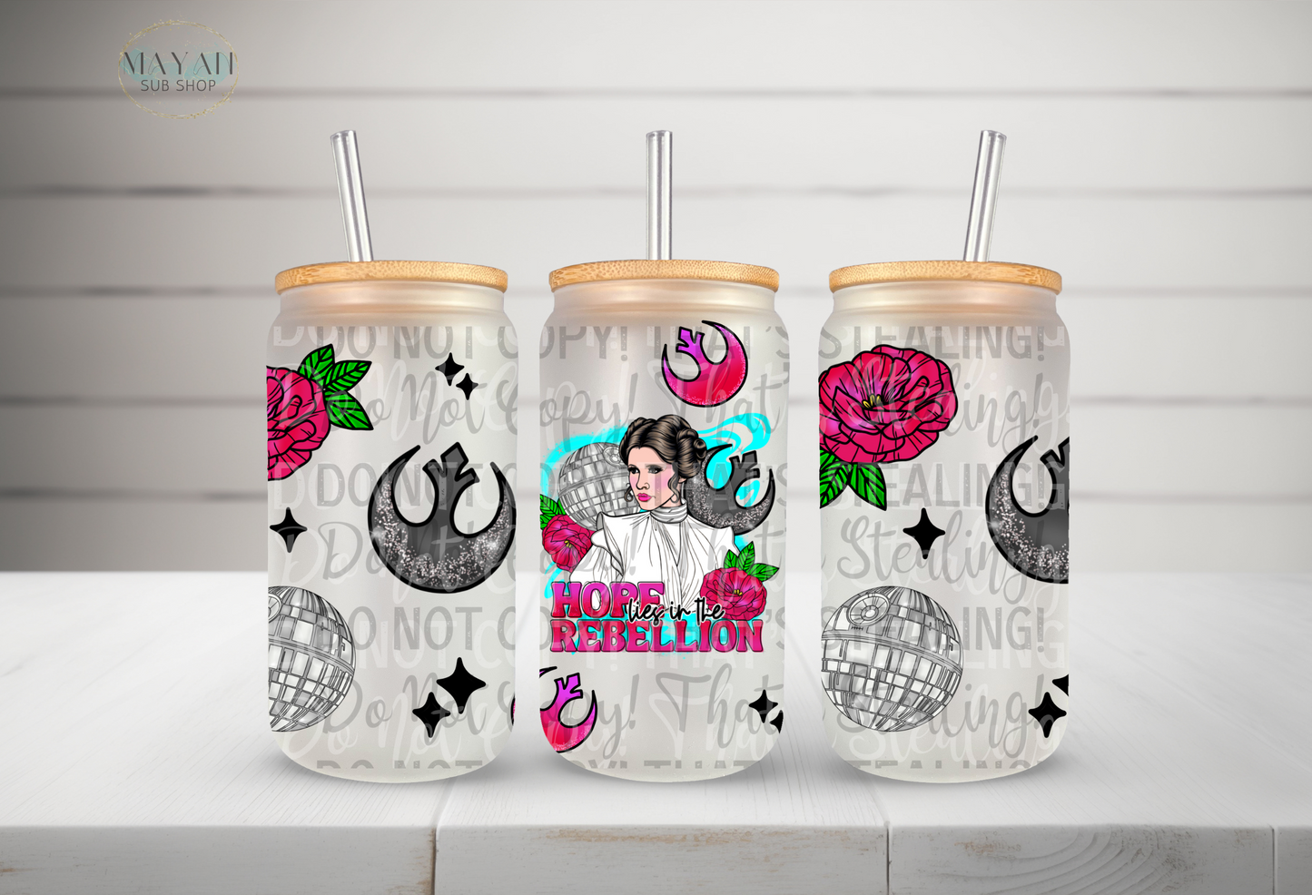 Rebellion 18 oz. frosted glass can. -Mayan Sub Shop