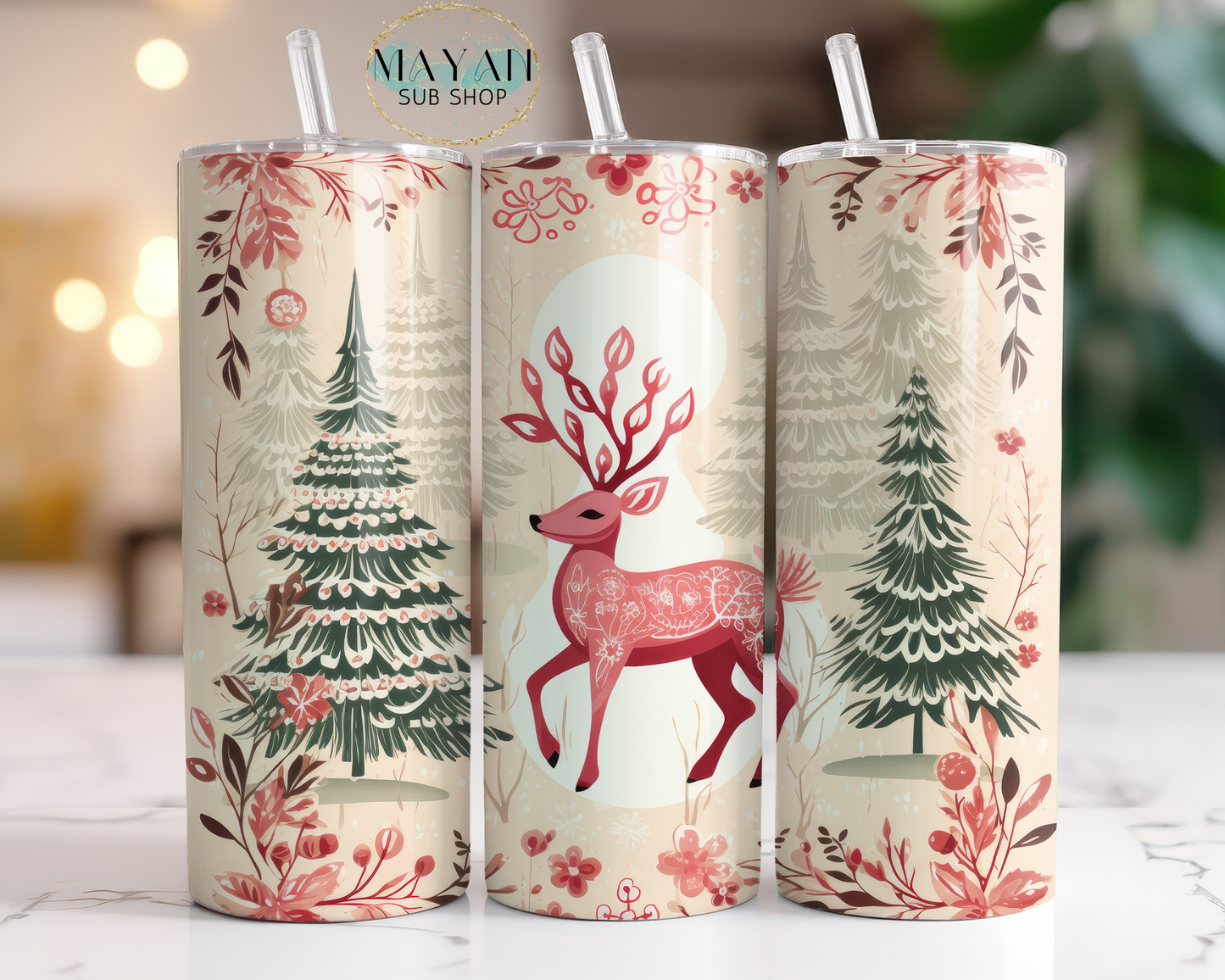 Red reindeer 20 oz. skinny tumbler. -Maan Sub Shop