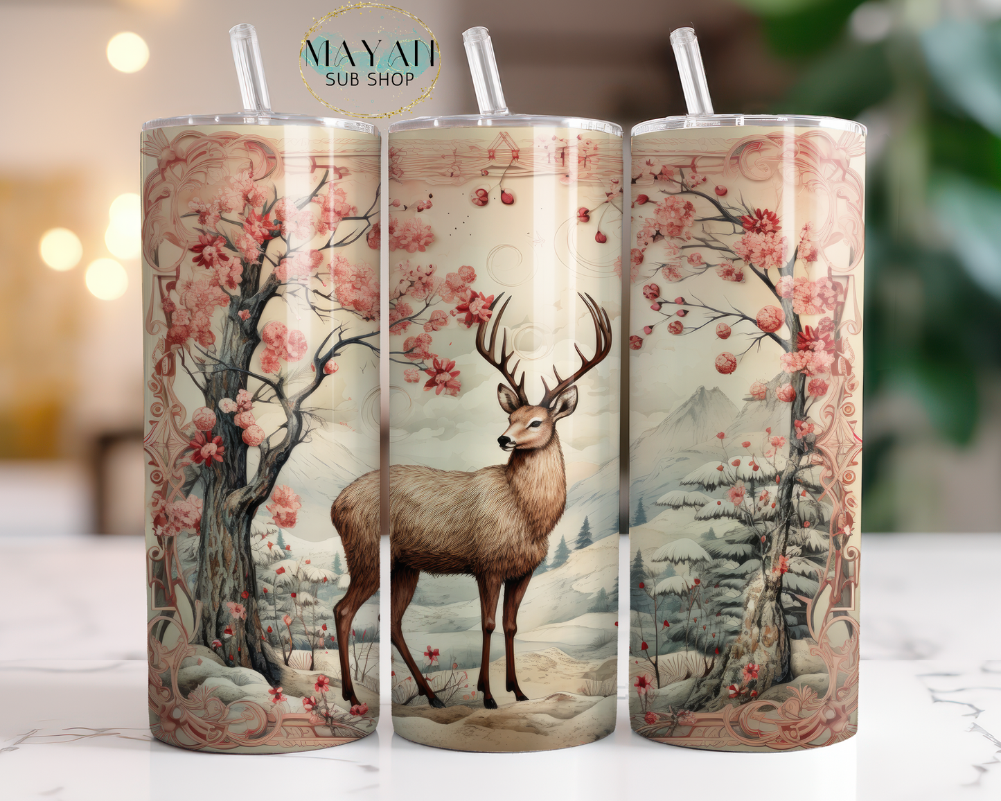 Reindeer 20 oz. skinny tumbler. -Mayan Sub Shop