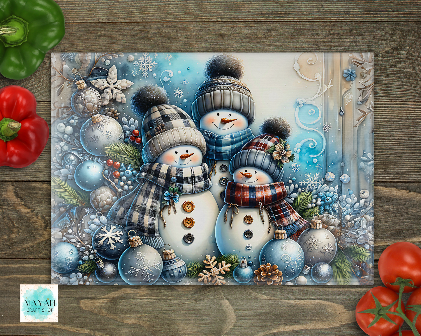 Snowman trio cutting board. -Mayan Craft Shop