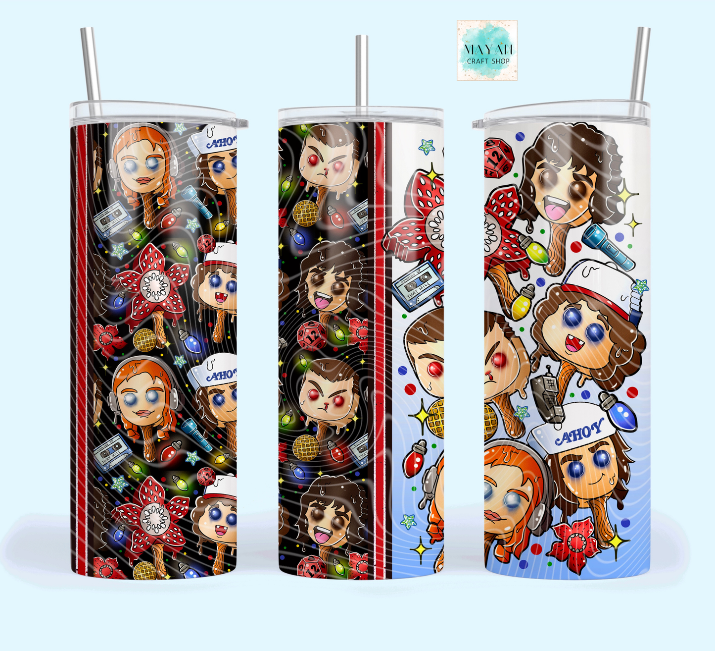 Three tumblers with colorful character designs on a white background