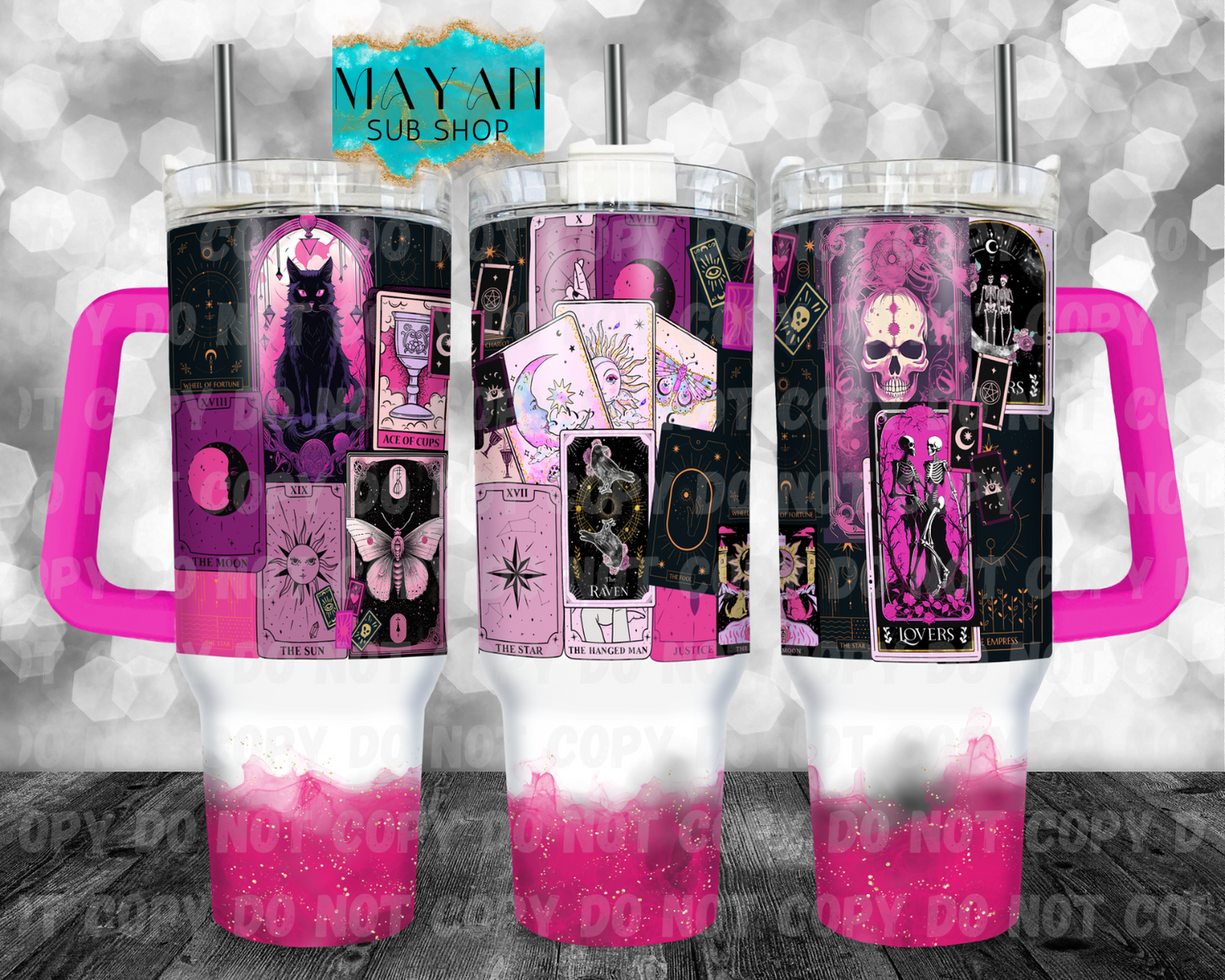 Tarot cards 40 oz. tumbler with handle. Myan Sub Shop