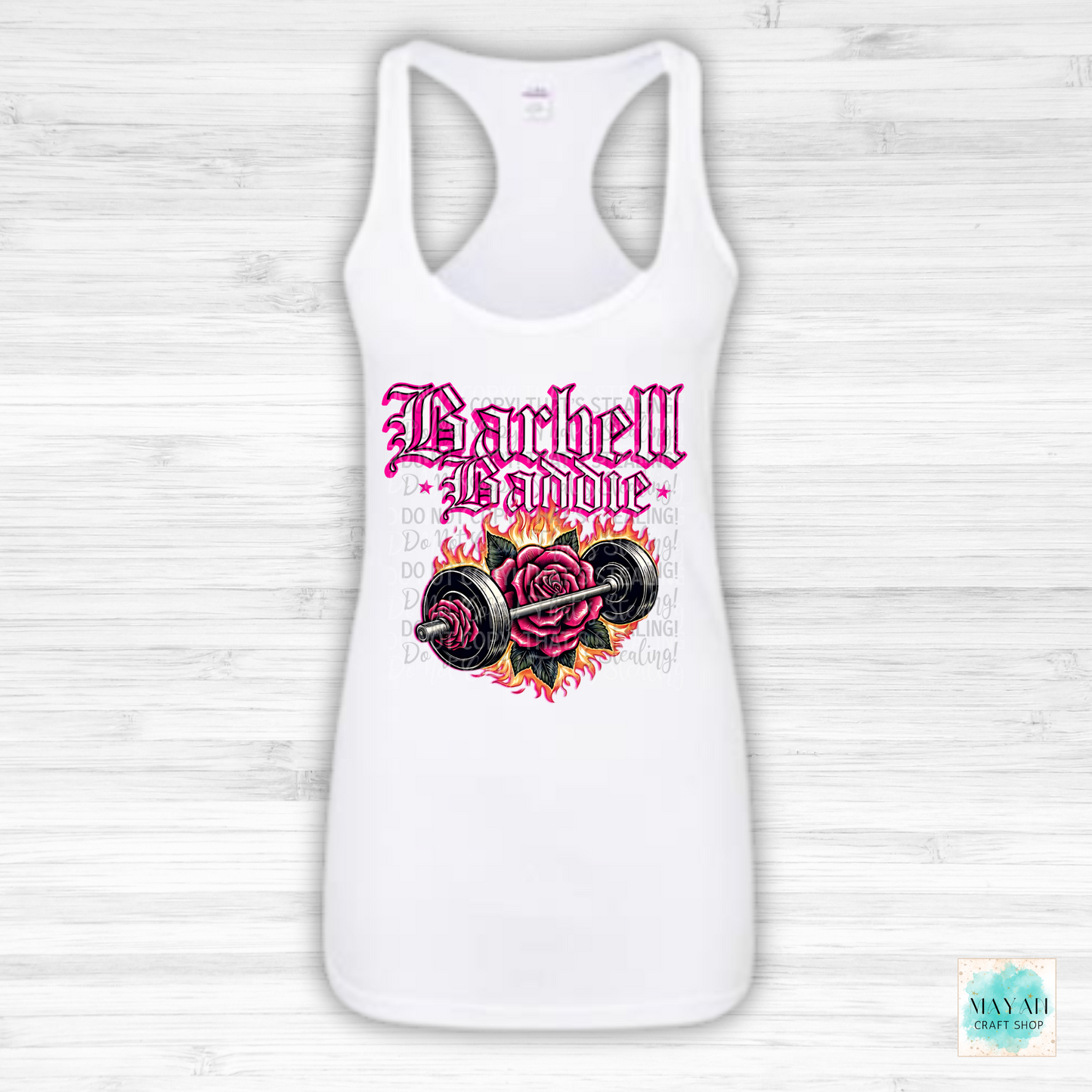 Barbell baddie white tank. -Mayan Craft Shop