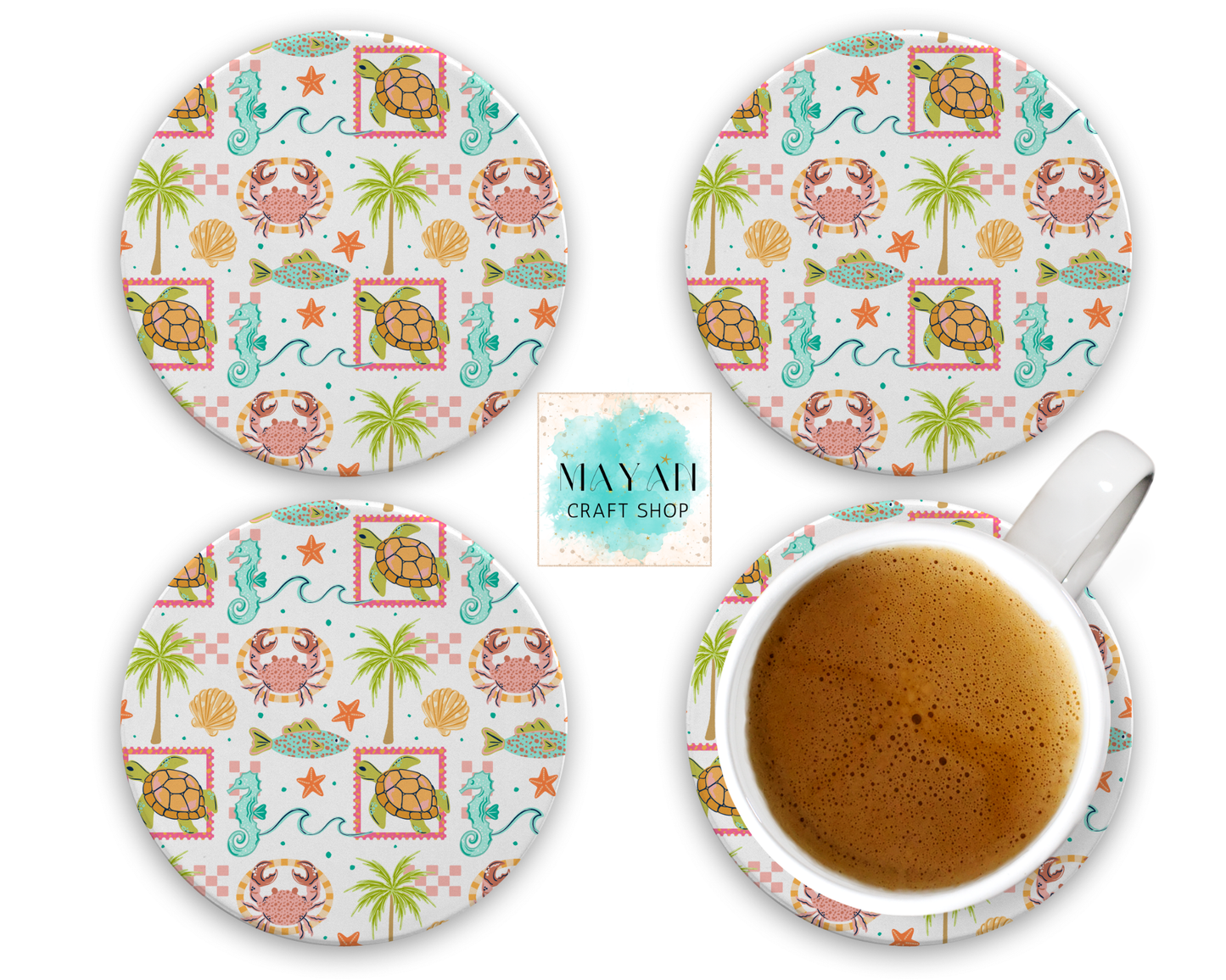Set of four coastal-themed coasters with a cup of coffee on a matching coaster.