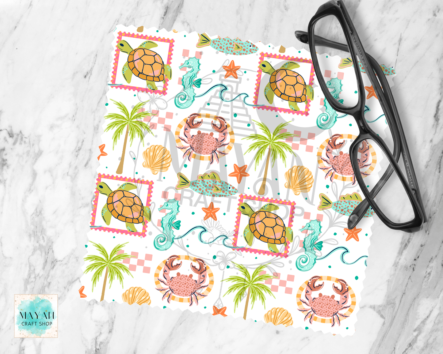 Seamless lens cloth cleaner with sea creatures like turtles, crabs, and palm trees on a white background.