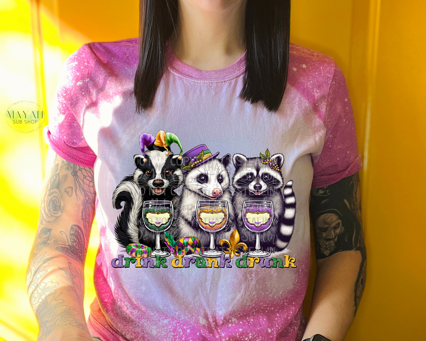 Drink Drank Drunk Mardi Bleached Shirt - Mayan Sub Shop