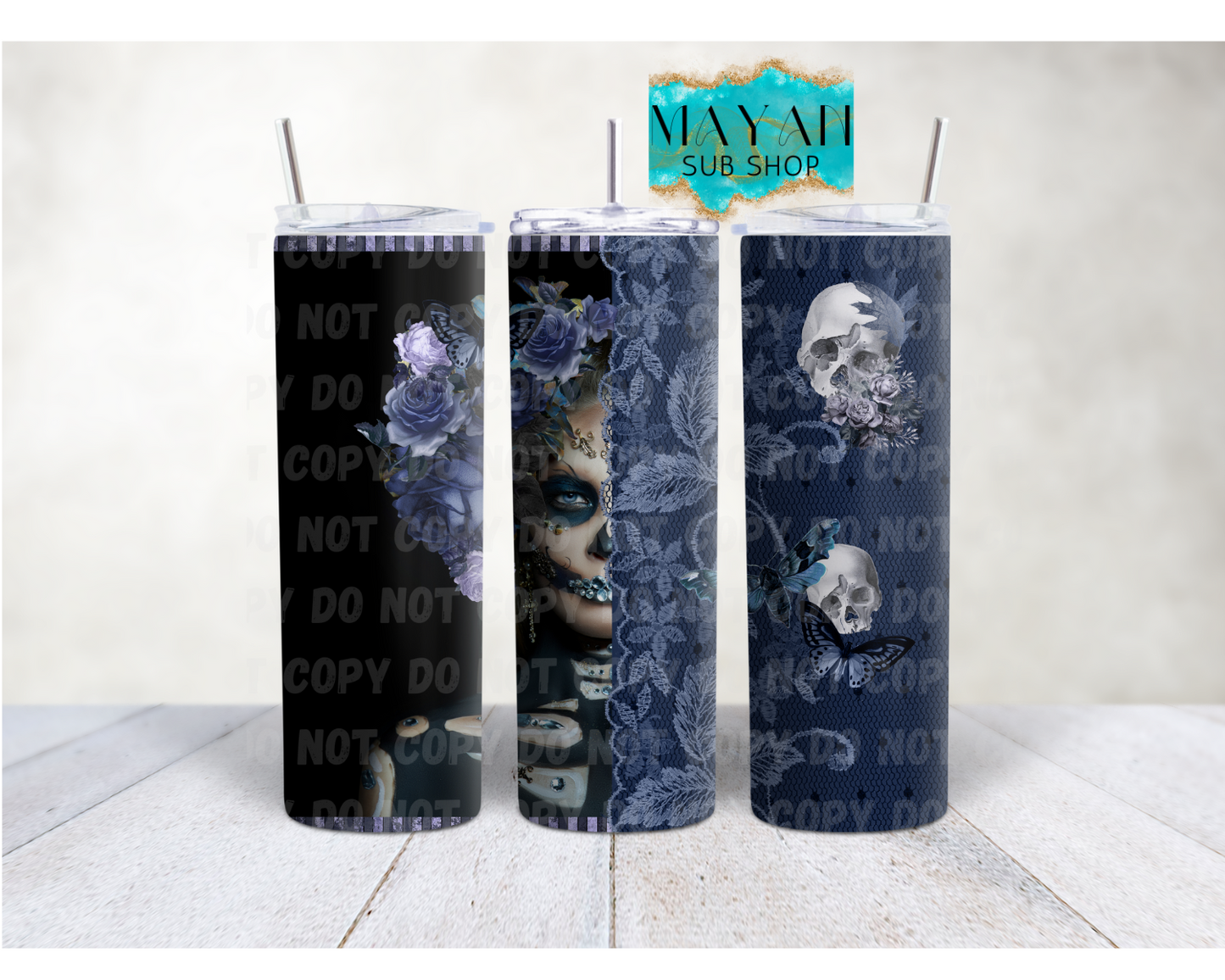 Blue Catrina 20 oz. skinny tumbler. -Mayan Sub Shop