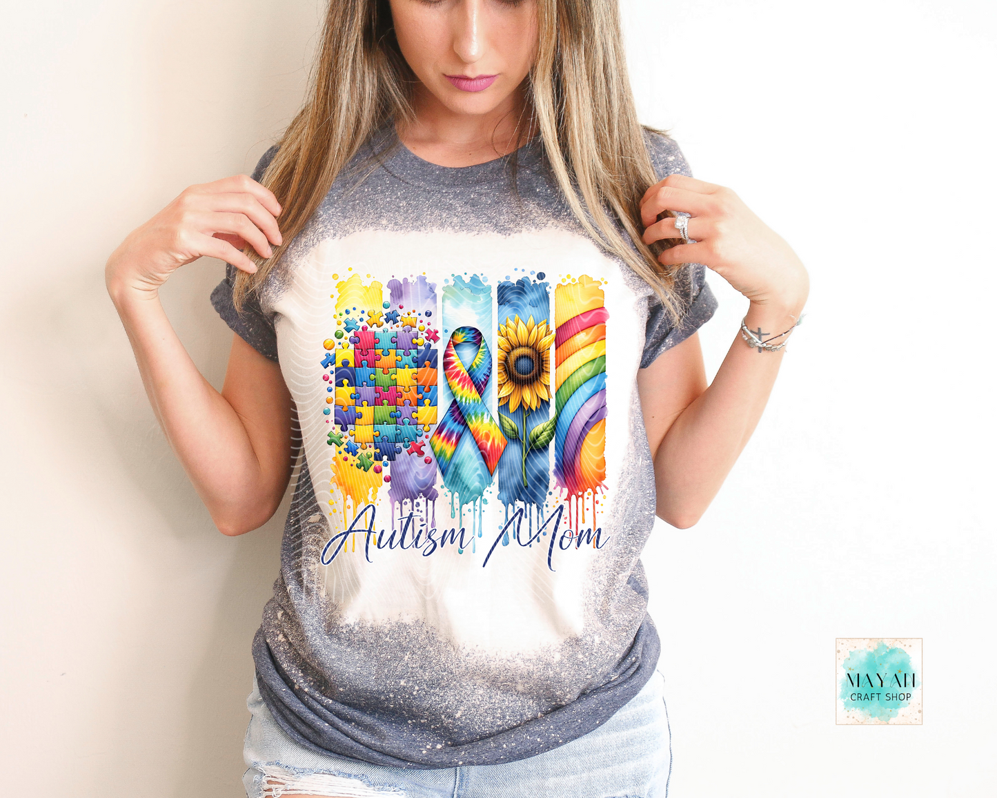 Autism mom heather charcoal bleached tee. -Mayan Craft Shop