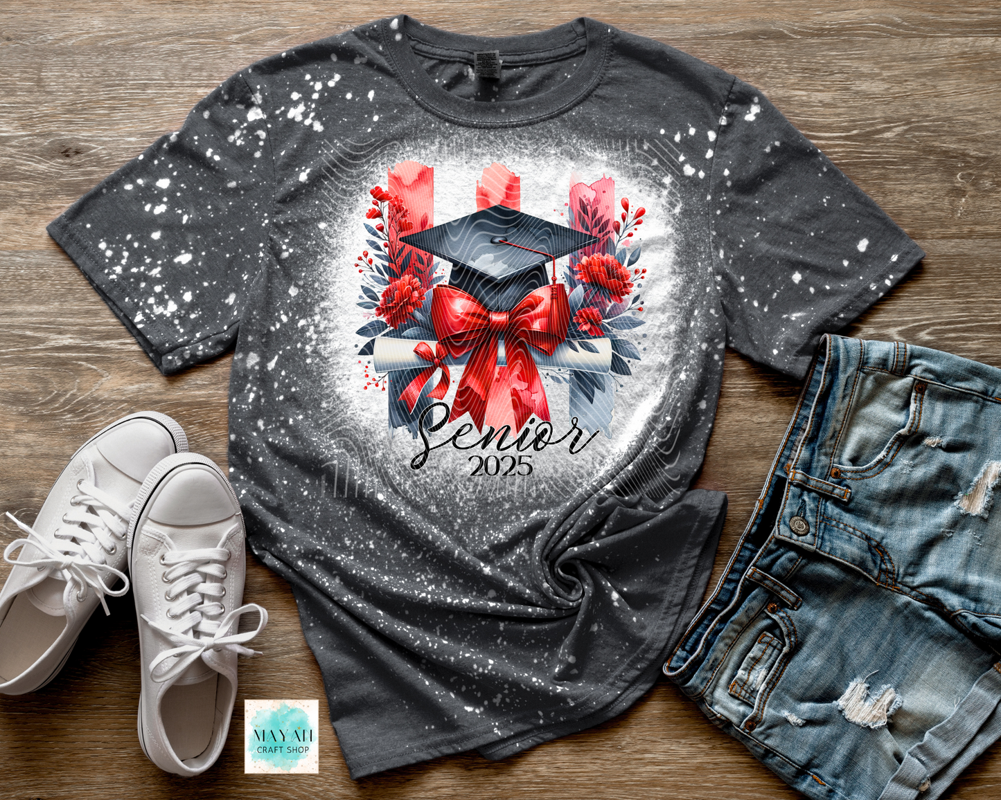 Red graduate 2025 heather charcoal bleached tee. -Mayan Craft Shop