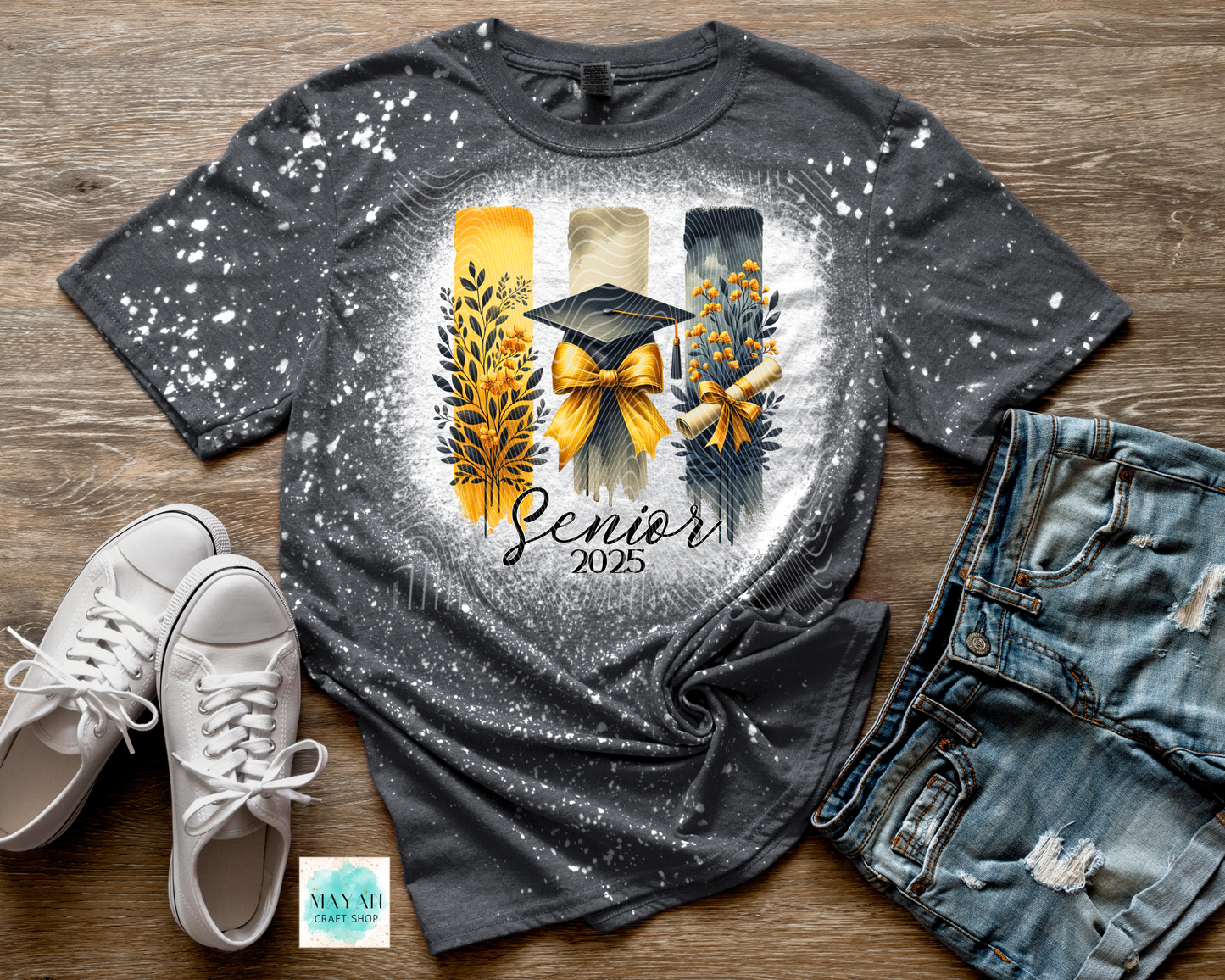 Yellow graduate 2025 heather charcoal bleached tee. -Mayan Craft Shop