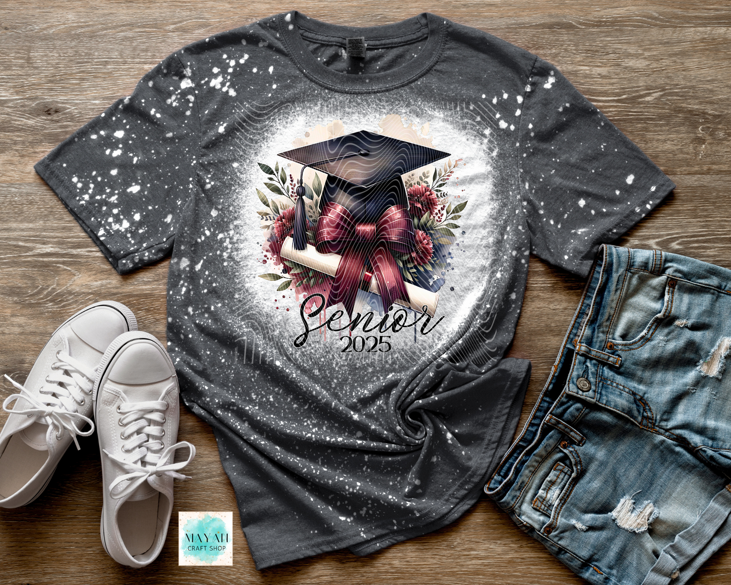 Maroon graduate 2025 heather charcoal bleached tee. -Mayan Craft Shop