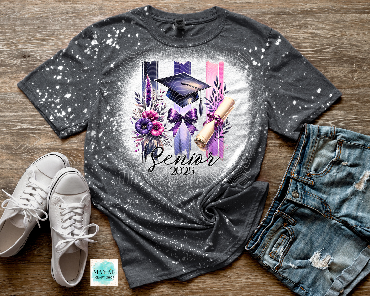 Purple graduate 2025 heather charcoal bleached tee. -Mayan Craft Shop