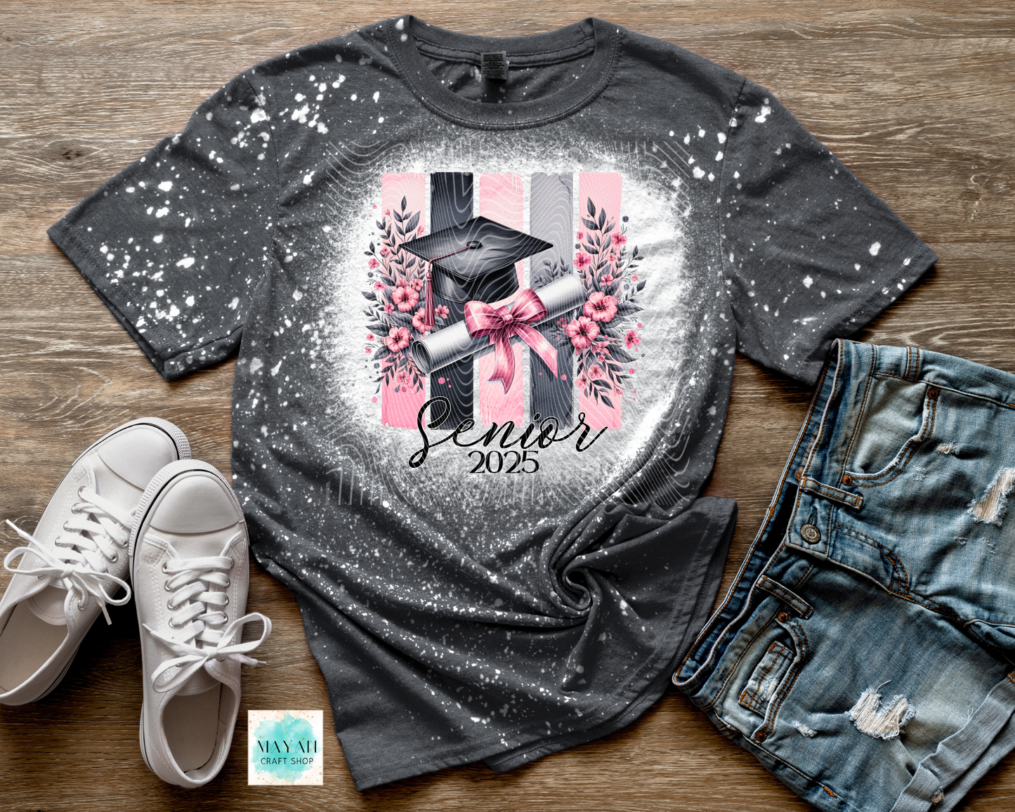Pink graduate 2025 heather charcoal bleached tee. -Mayan Craft Shop