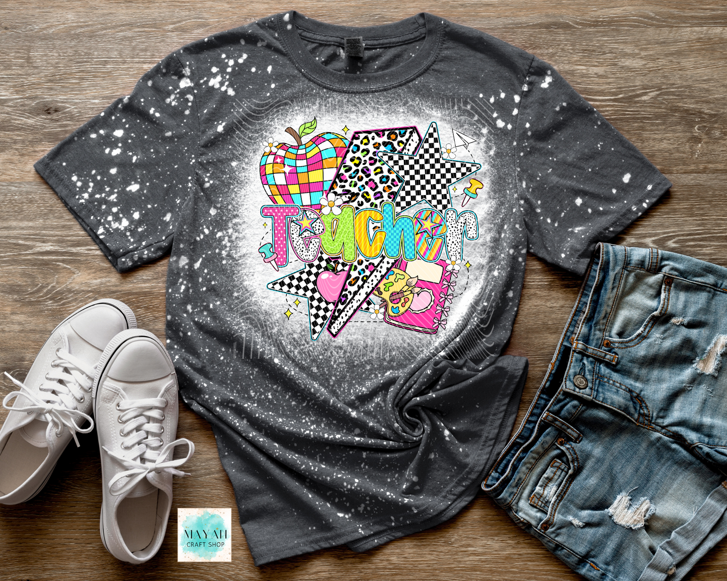 Teacher retro heather charcoal bleached tee. -Mayan Craft Shop