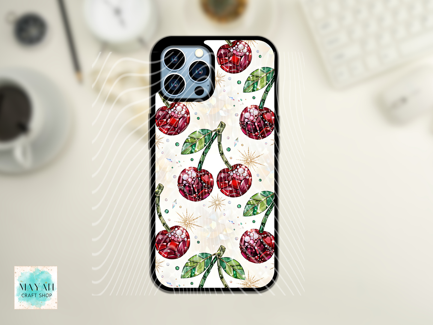 Phone case with cherry design on a light background