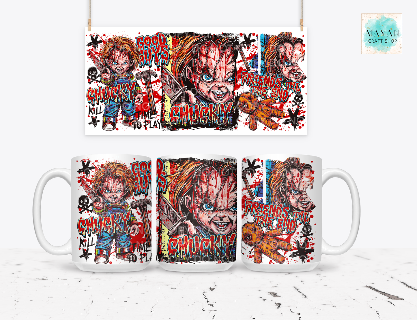 A white ceramic mug shown from multiple angles with a large horror character print, alongside a matching rectangular print sample. The artwork features red splatter, black text, and a brown teddy bear.
