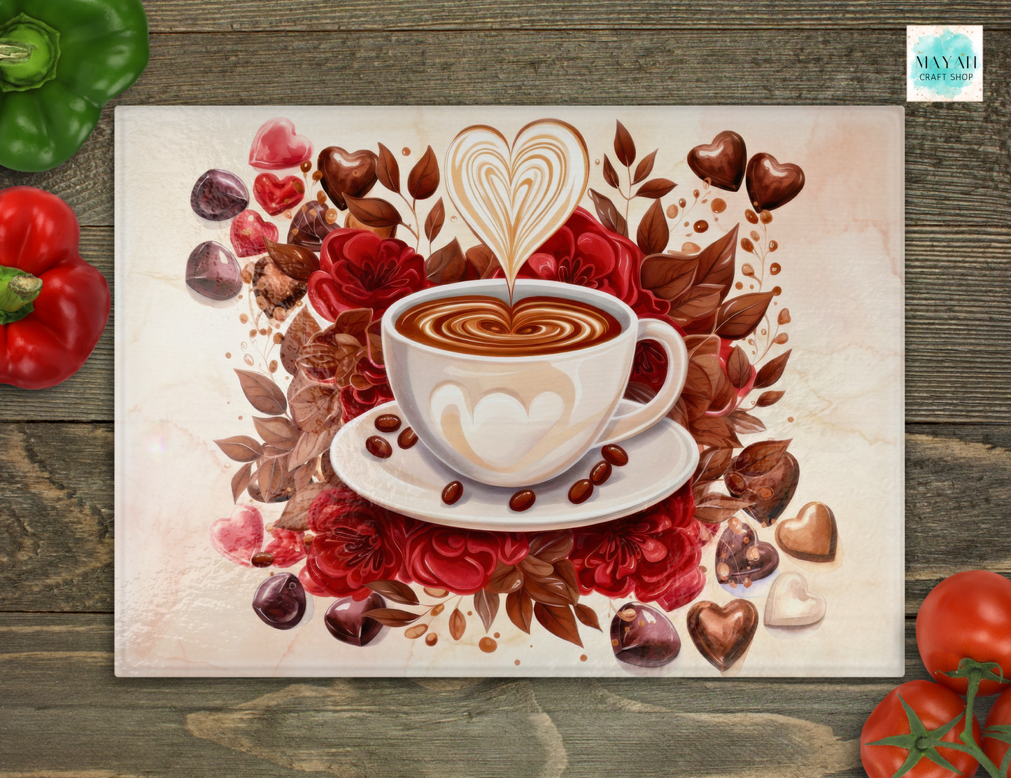 Decorative placemat with a cup of coffee, flowers, and hearts on a wooden surface.