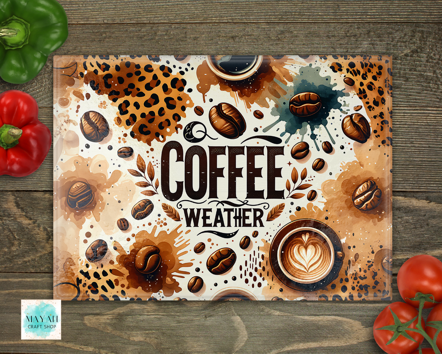 Decorative cutting board with coffee-themed design on a wooden surface