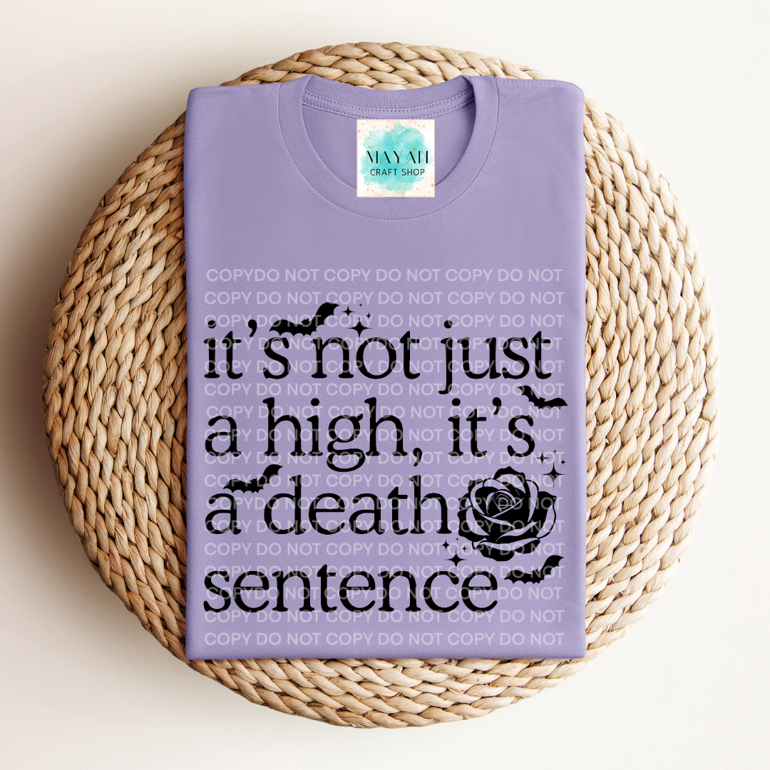 Death sentence dark lavender shirt. -Mayan Craft Shop