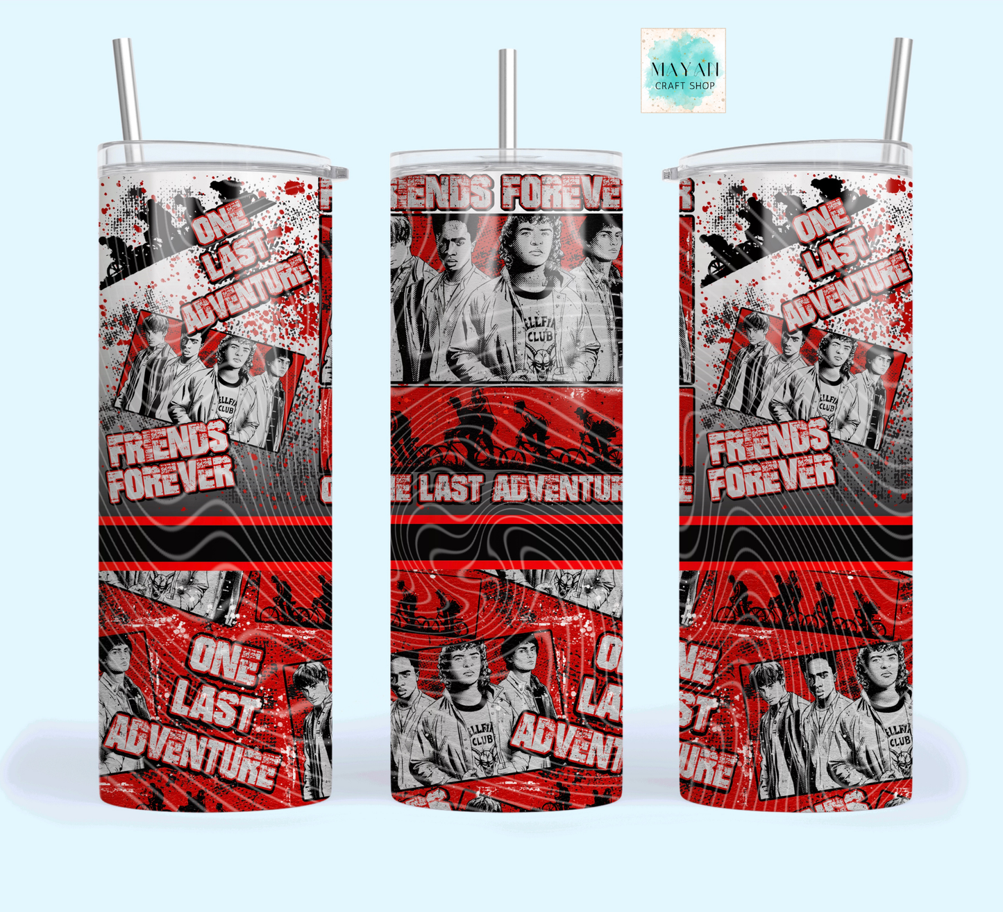 Three tumblers with a design featuring people and text on a red and black background.