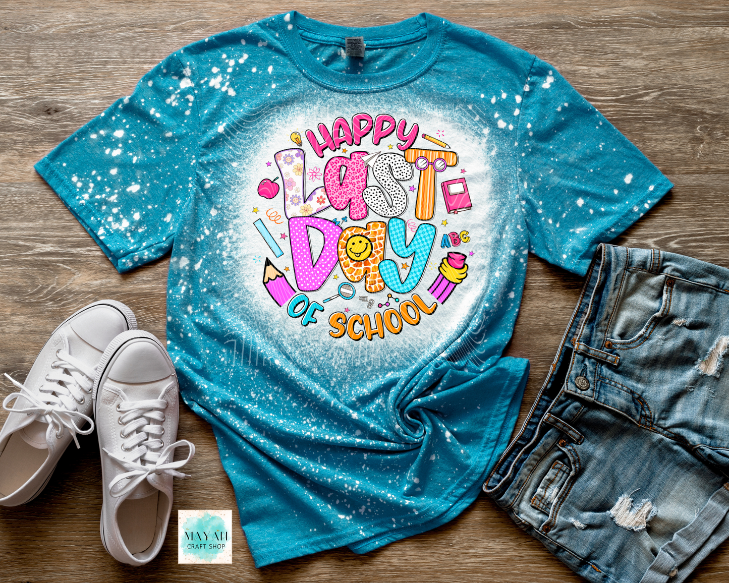 Happy last day of school heather galapagos bleached tee. -Mayan Craft Shop