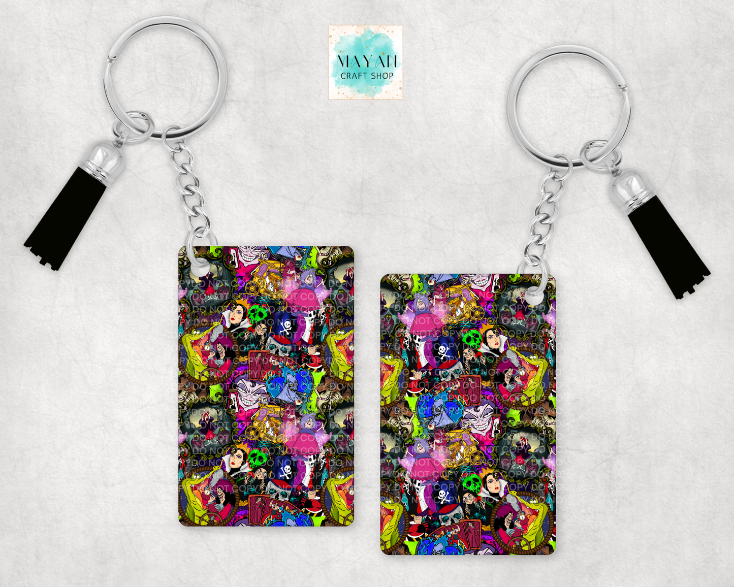 Keychain with colorful design on a gray background