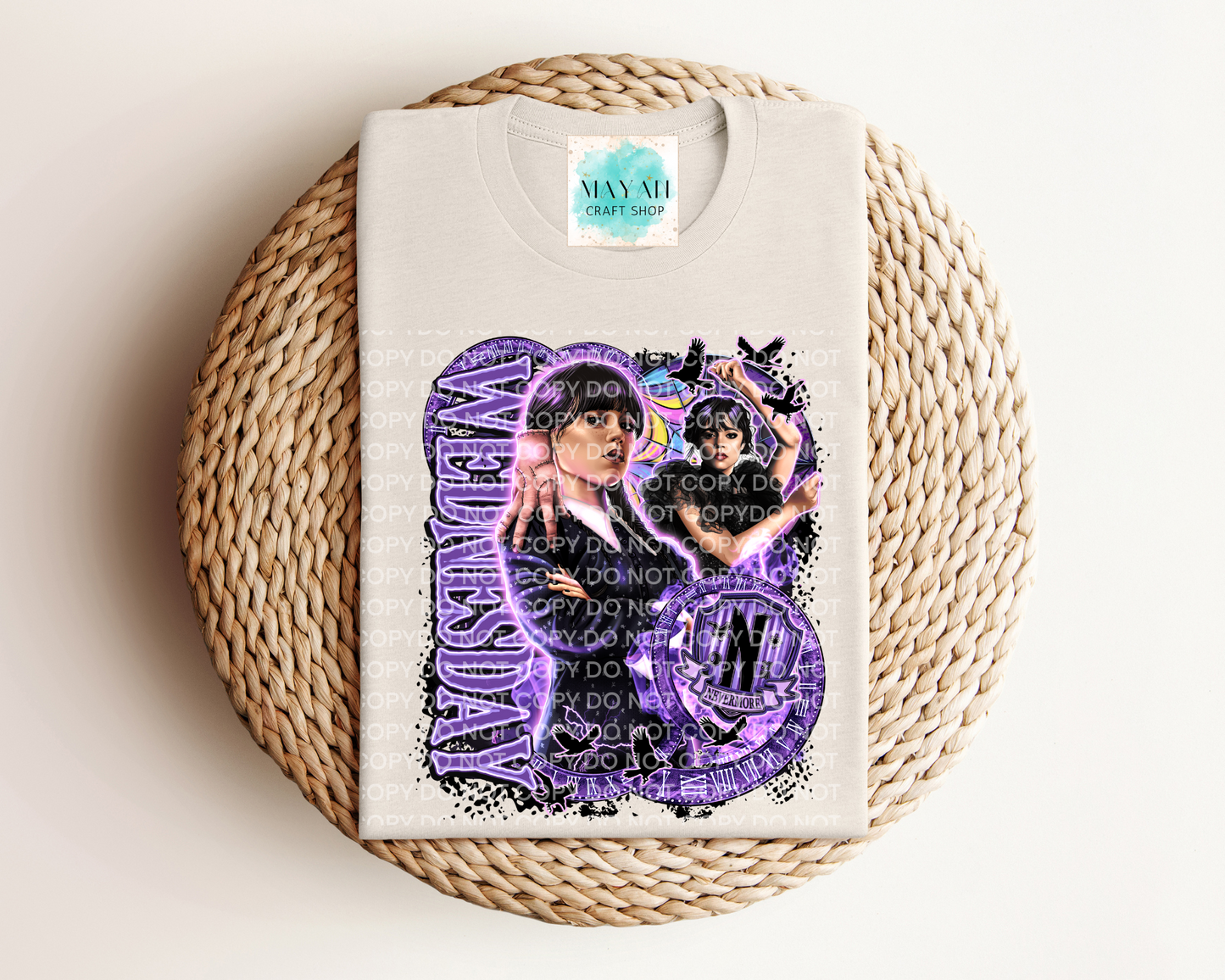 Purple design in heather dust kids shirt.