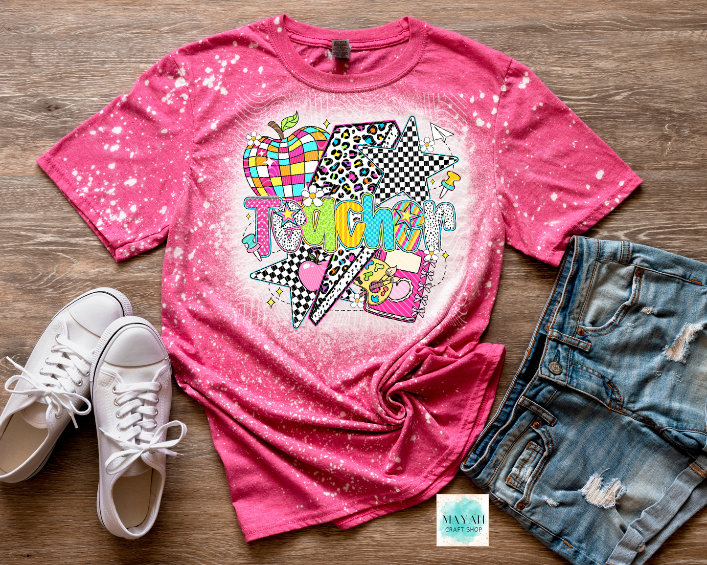 Teacher retro heather heliconia bleached tee. -Mayan Craft Shop