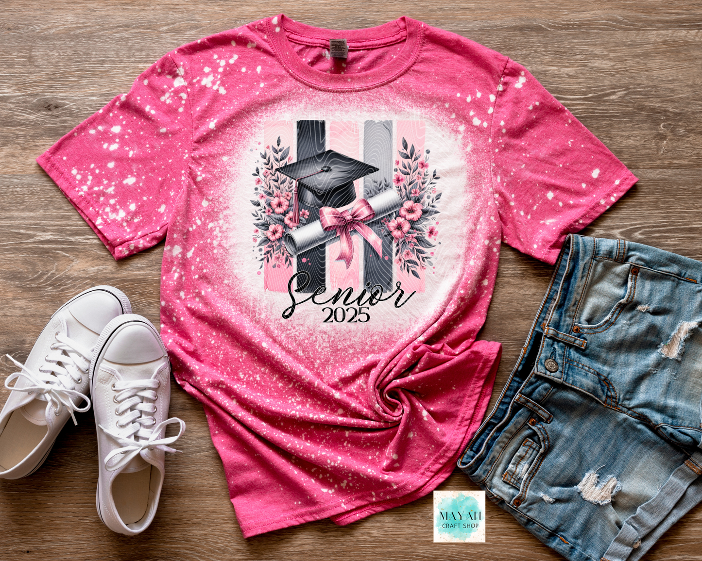 Pink graduate 2025 heather heliconia bleached tee. -Mayan Craft Shop