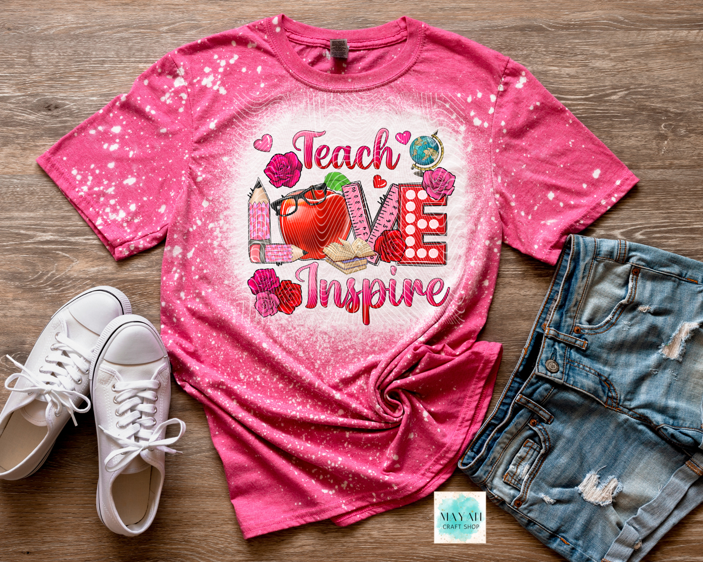 Teach love inspire heather heliconia bleached shirt. -Mayan Craft Shop