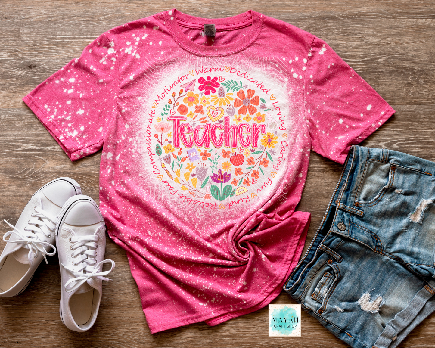 Teacher meaning heather heliconia bleached tee. -Mayan Craft Shop