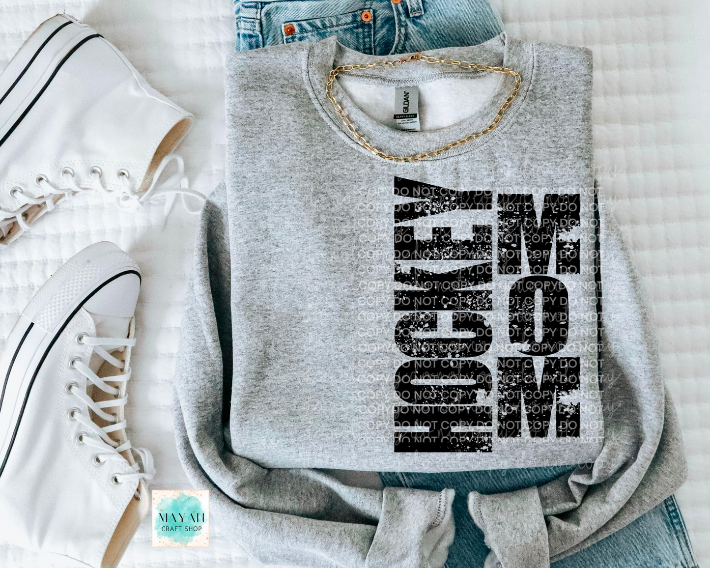 Hockey mom heather grey sweatshirt. -Mayan Craft Shop