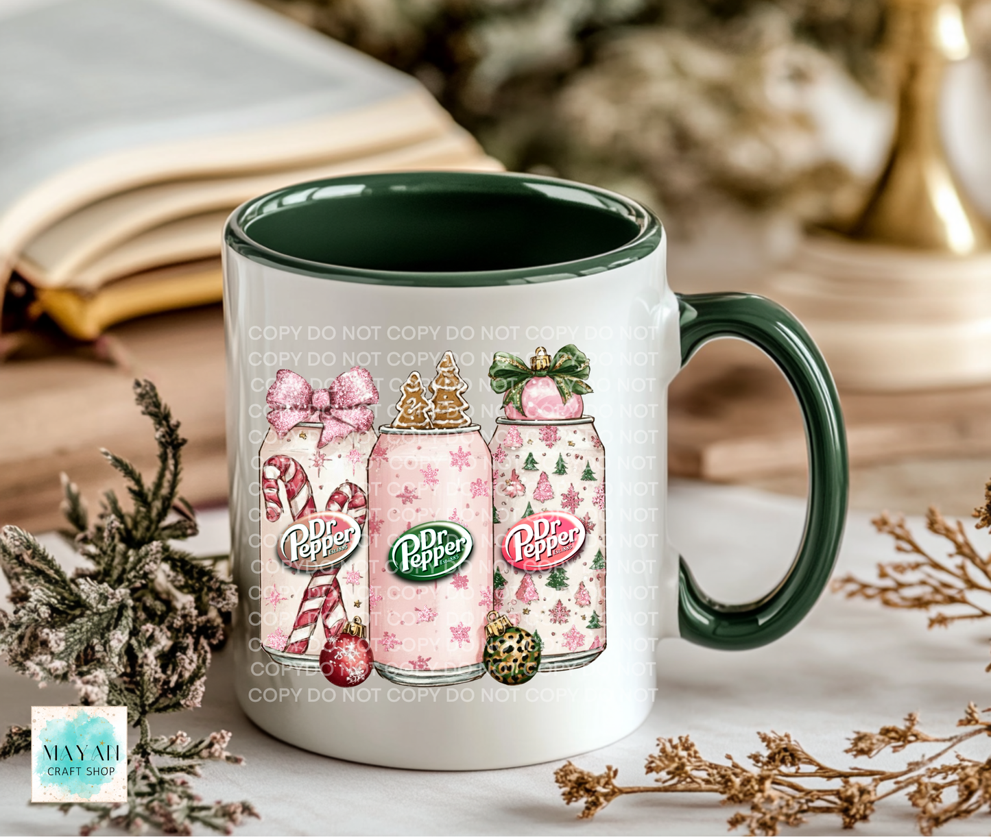 Mug with soft drinks designs on a decorative surface