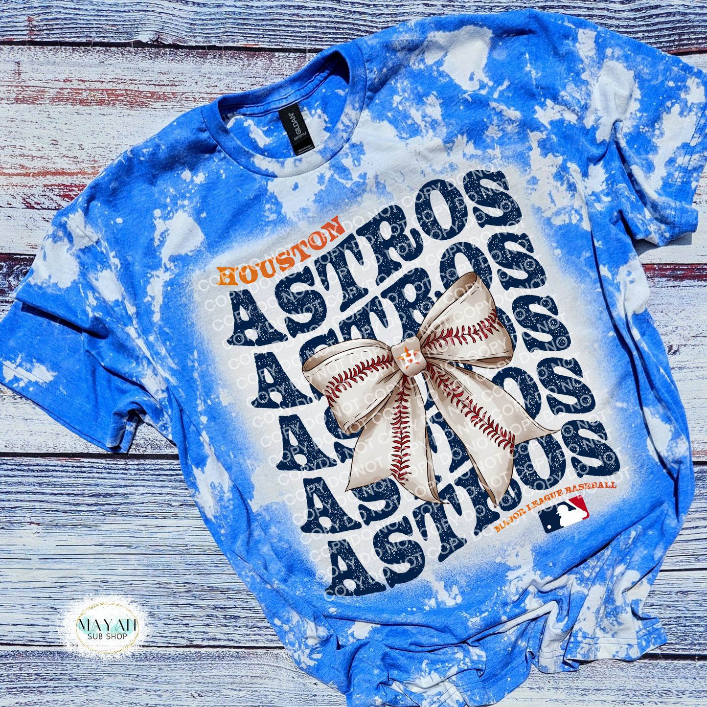 Houston baseball bow heather royal blue scrounged tee. -Mayan Craft Shop