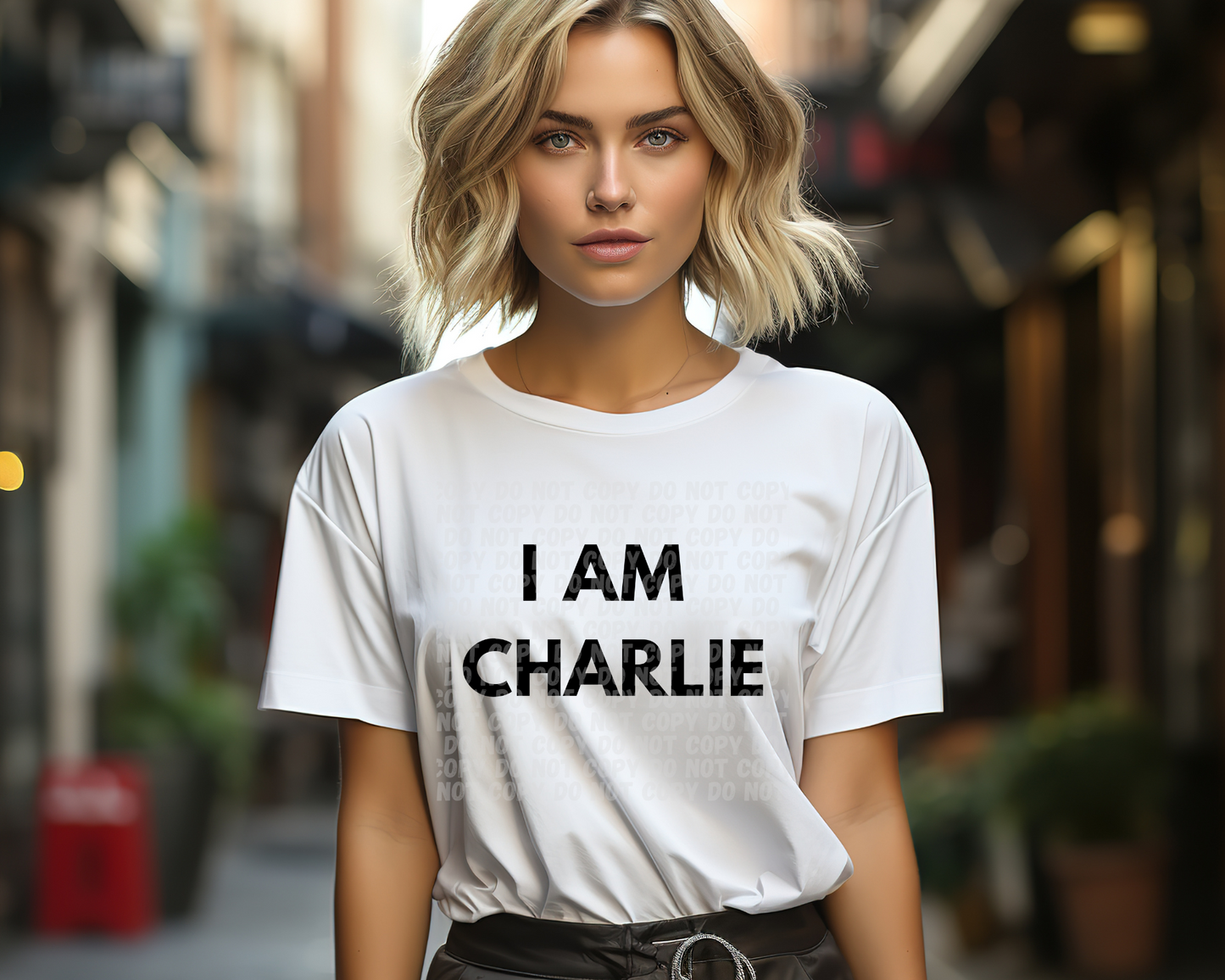 Woman wearing a white t-shirt with 'I AM CHARLIE' text on a city street.