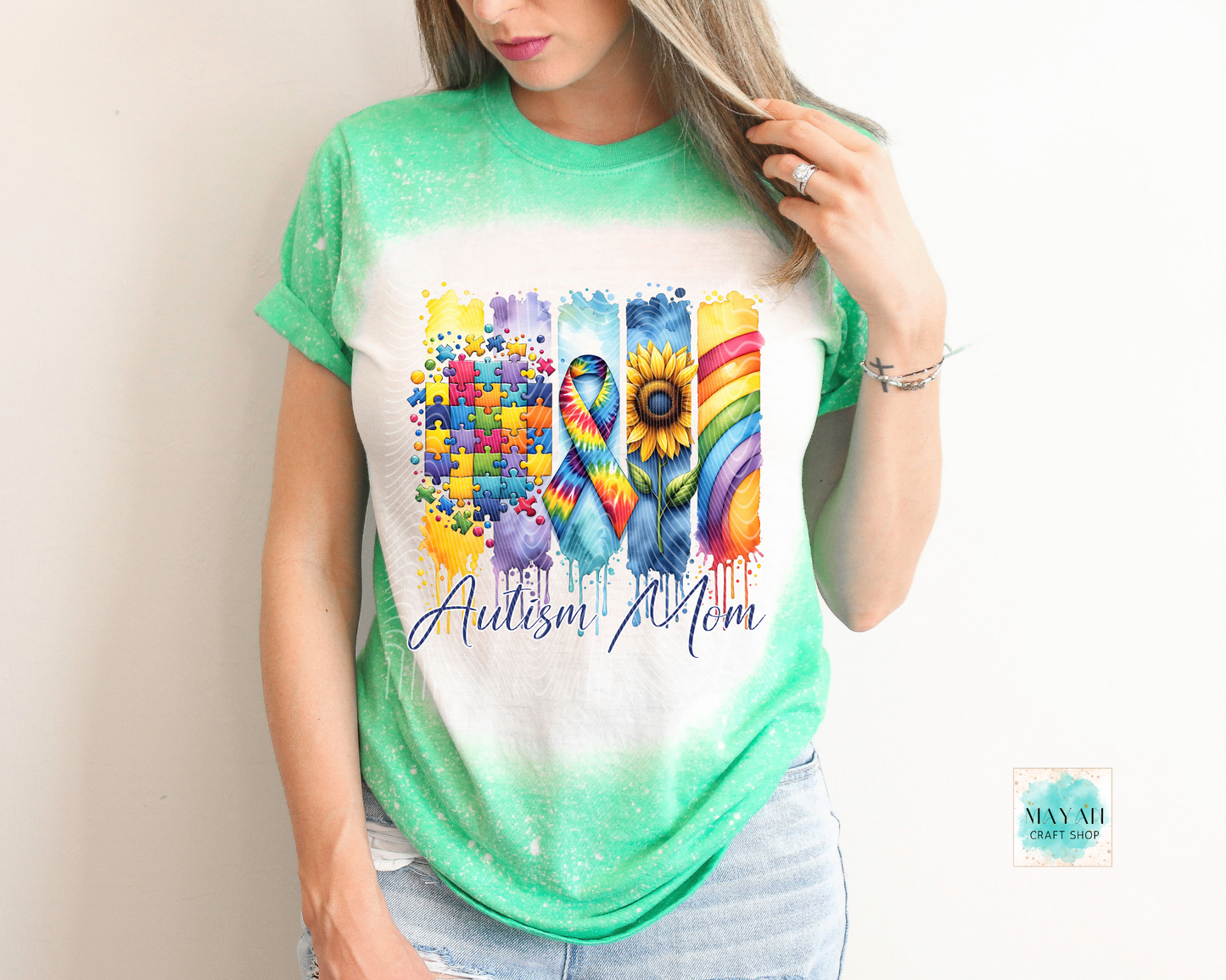 Autism mom heather irish green bleached tee. -Mayan Craft Shop