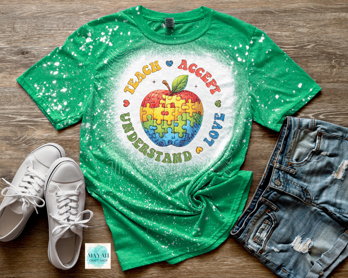 Autism teacher heather irish green bleached shirt. -Mayan Craft Shop