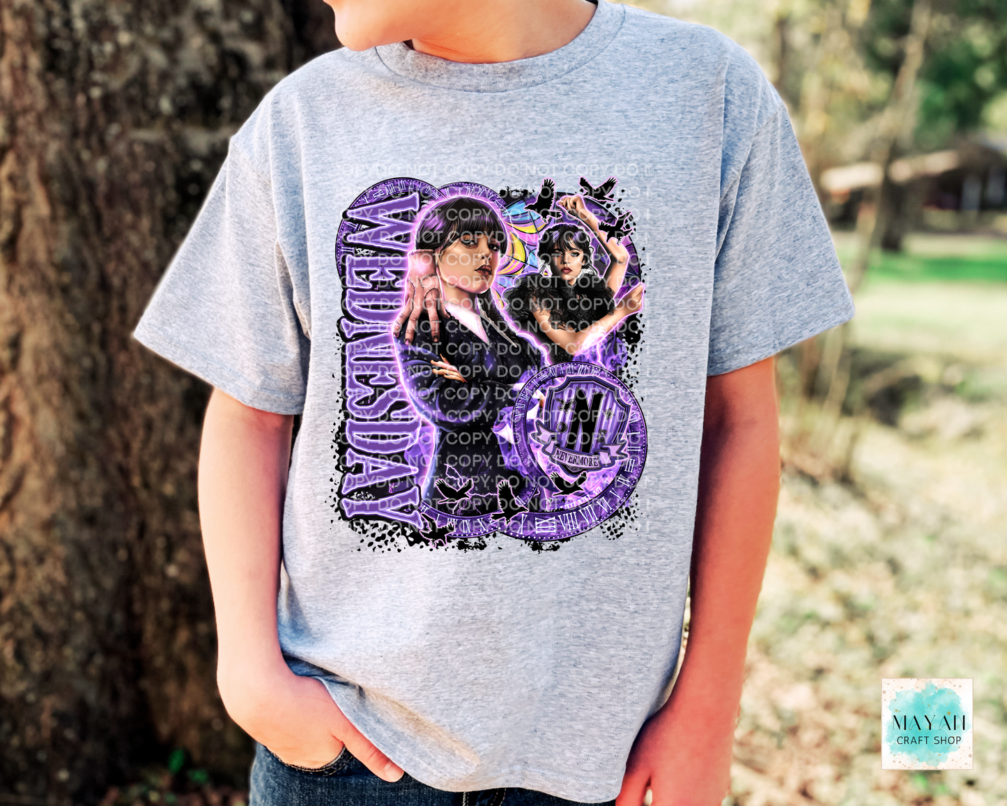 Purple design in ash grey kids shirt.