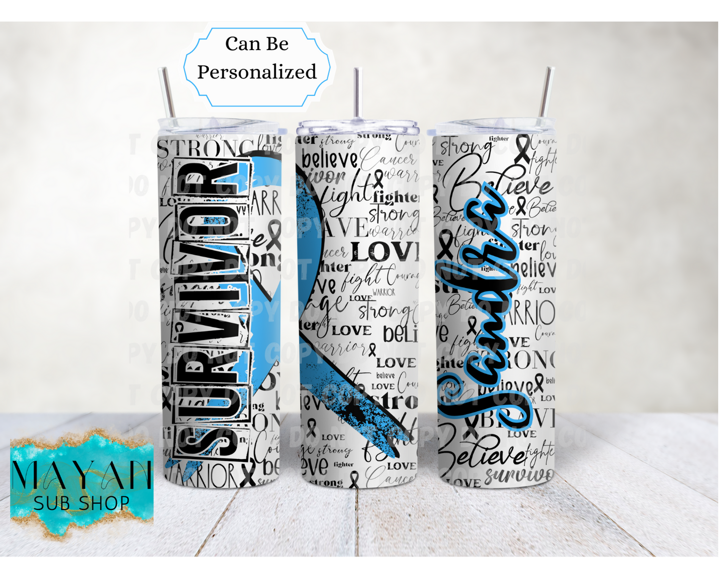 Light Blue Cancer Survivor Ribbon 20 oz. Skinny Tumbler - Mayan Sub Shop