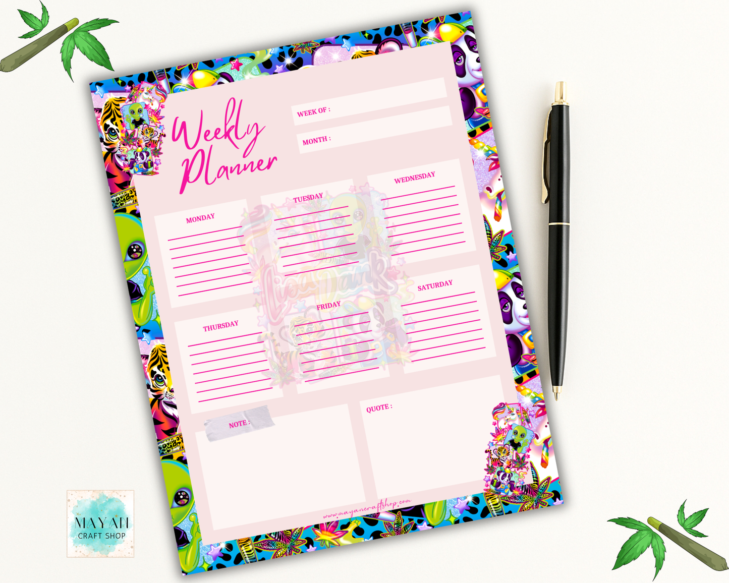 Weekly planner with colorful border and pen on a white background
