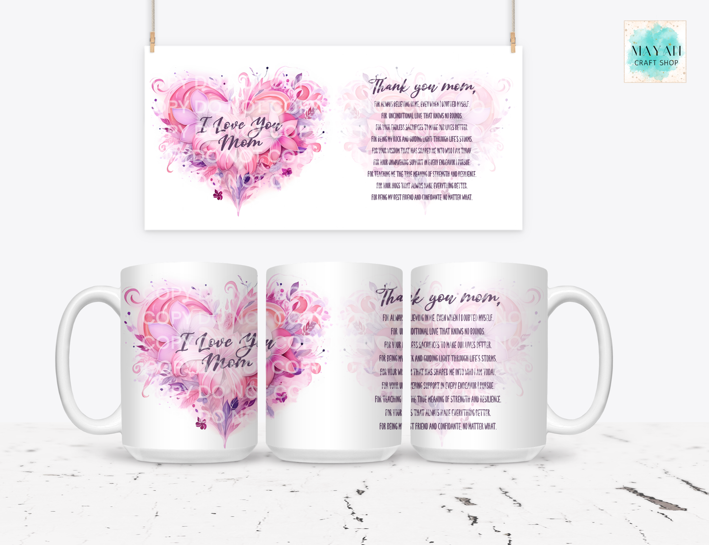 Set of three mugs with floral designs and 'Thank you mom' text, displayed against a white background.